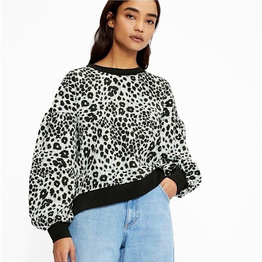 NWT TED BAKER Oversize Crop Balloon Puff Sleeve Leopard Cotton Jersey Pullover S